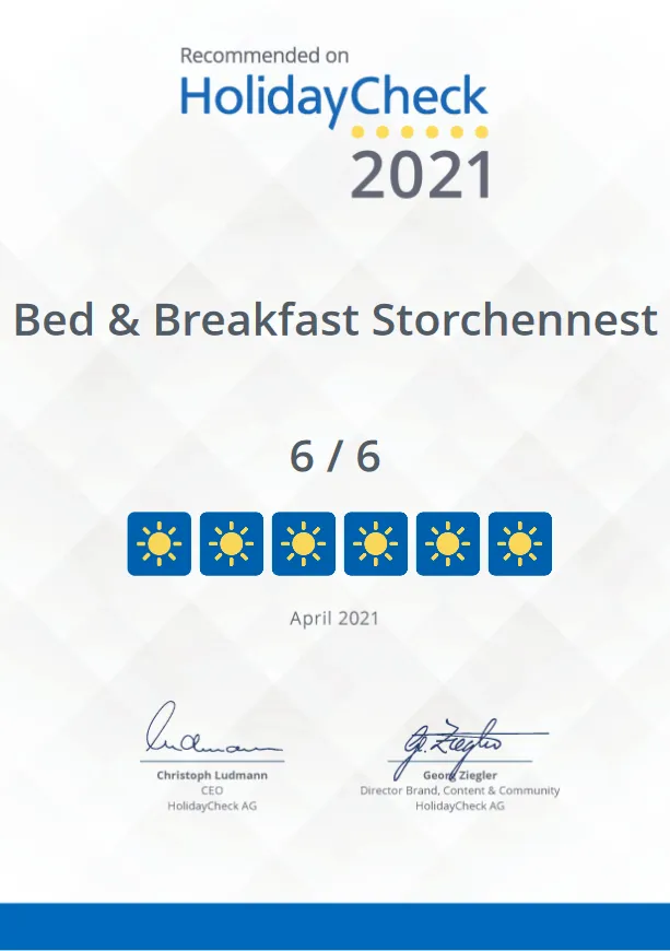 HolidayCheck Zertifikat 2021 für Bed & Breakfast Storchennest mit 6 von 6 Sonnen