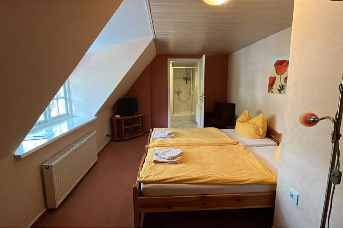 Betten im Zimmer unter Reetdach